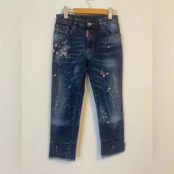 Dsquared2 y2k embroidered  floral capri blue jeans us size 2 2000s Paris hilton - Picture 2 of 14